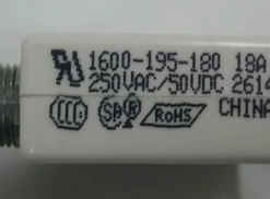 1600-195-180 Push To Reset Circuit Breaker, 18 Amp, White Button, Bent Spade Terminals